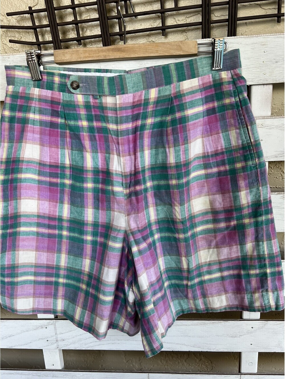 Vintage LL Bean Womens Plaid Green Pink Bermuda Shorts High Rise 6